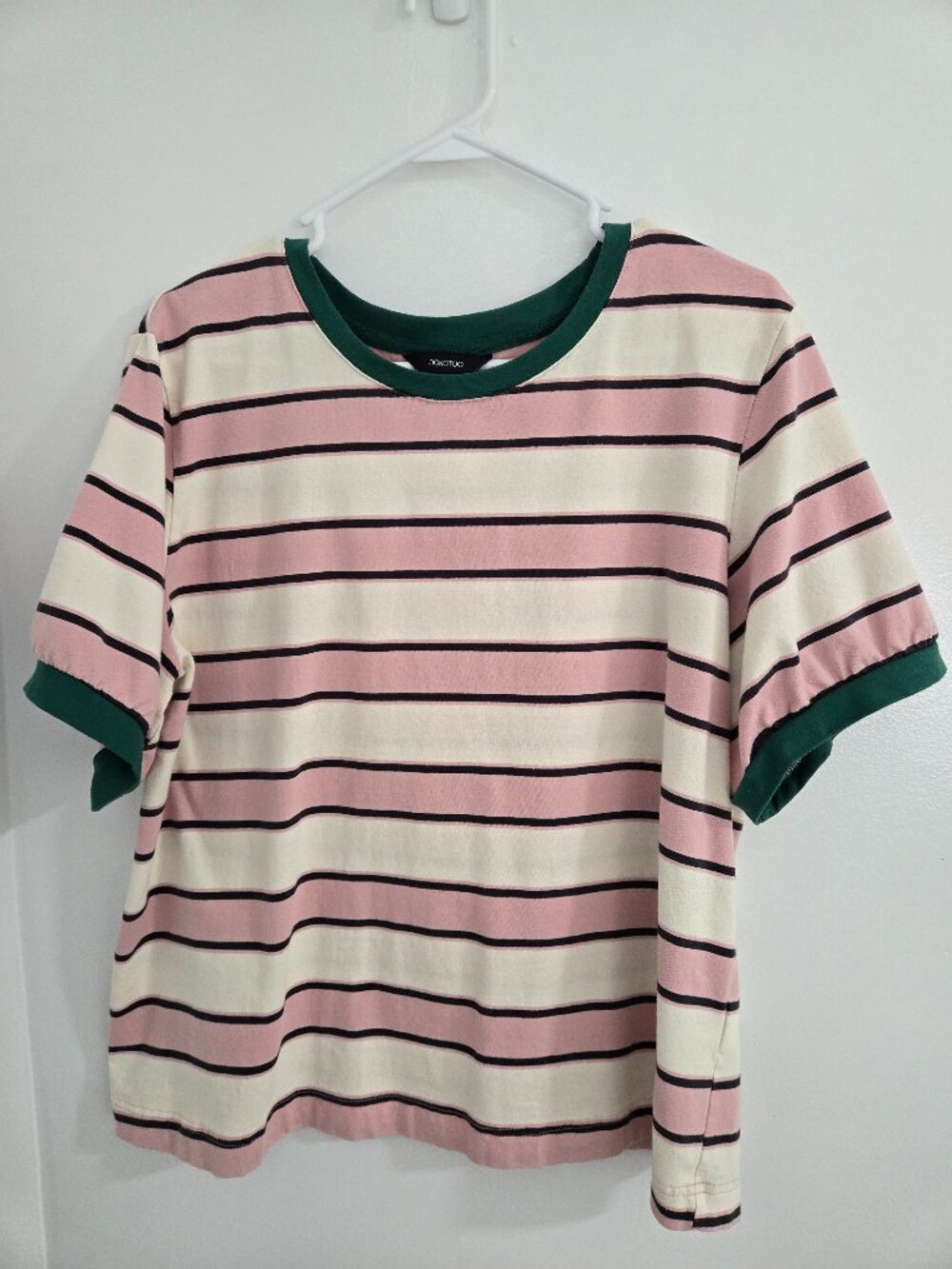 Pink Cream Striped Short Sleeve Tee Dark Green Trim Crewneck Casual Top Size XL